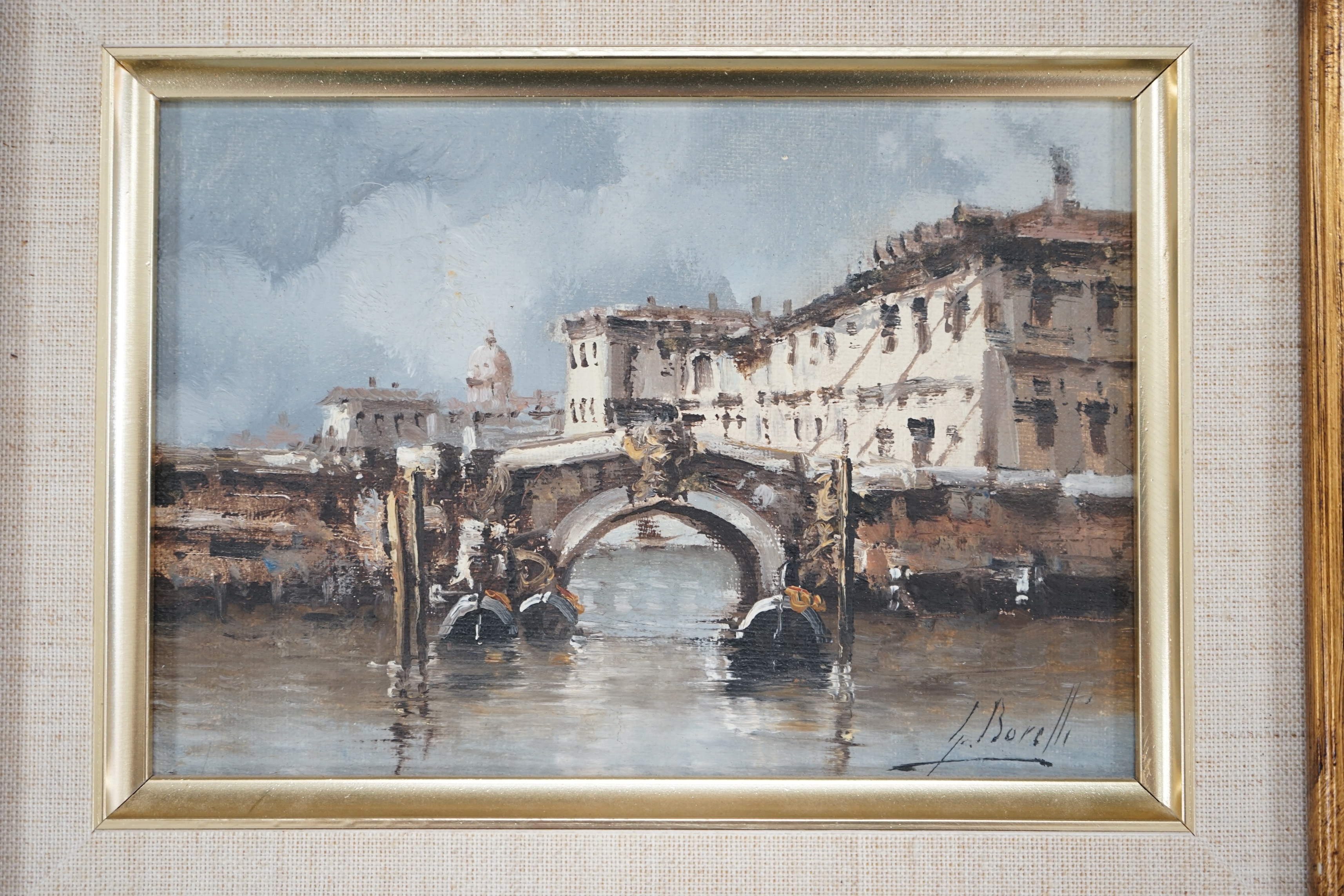 Guido Borelli (Italian b.1952), set of three oils on board, Italian views, comprising Venetian canals and rural landscape, each signed, 11.5 x 16.5cm, ornate gilt framed. Condition - good